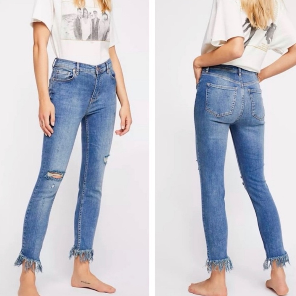 Free People Blue Ankle Cropped Jeans with Distressed Details